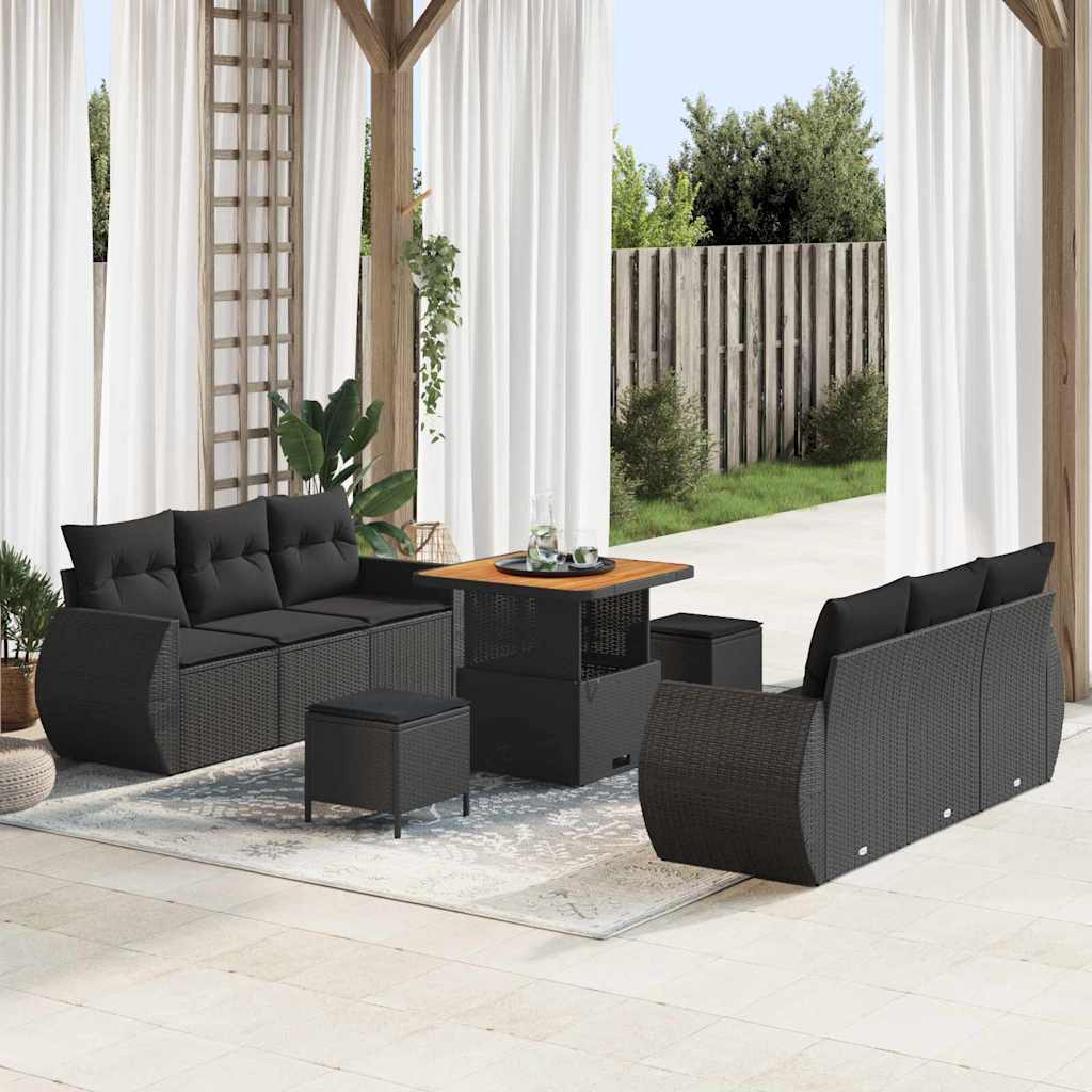 Garden Sofa Set 9 pcs Black Poly rattan and powder-coated steel