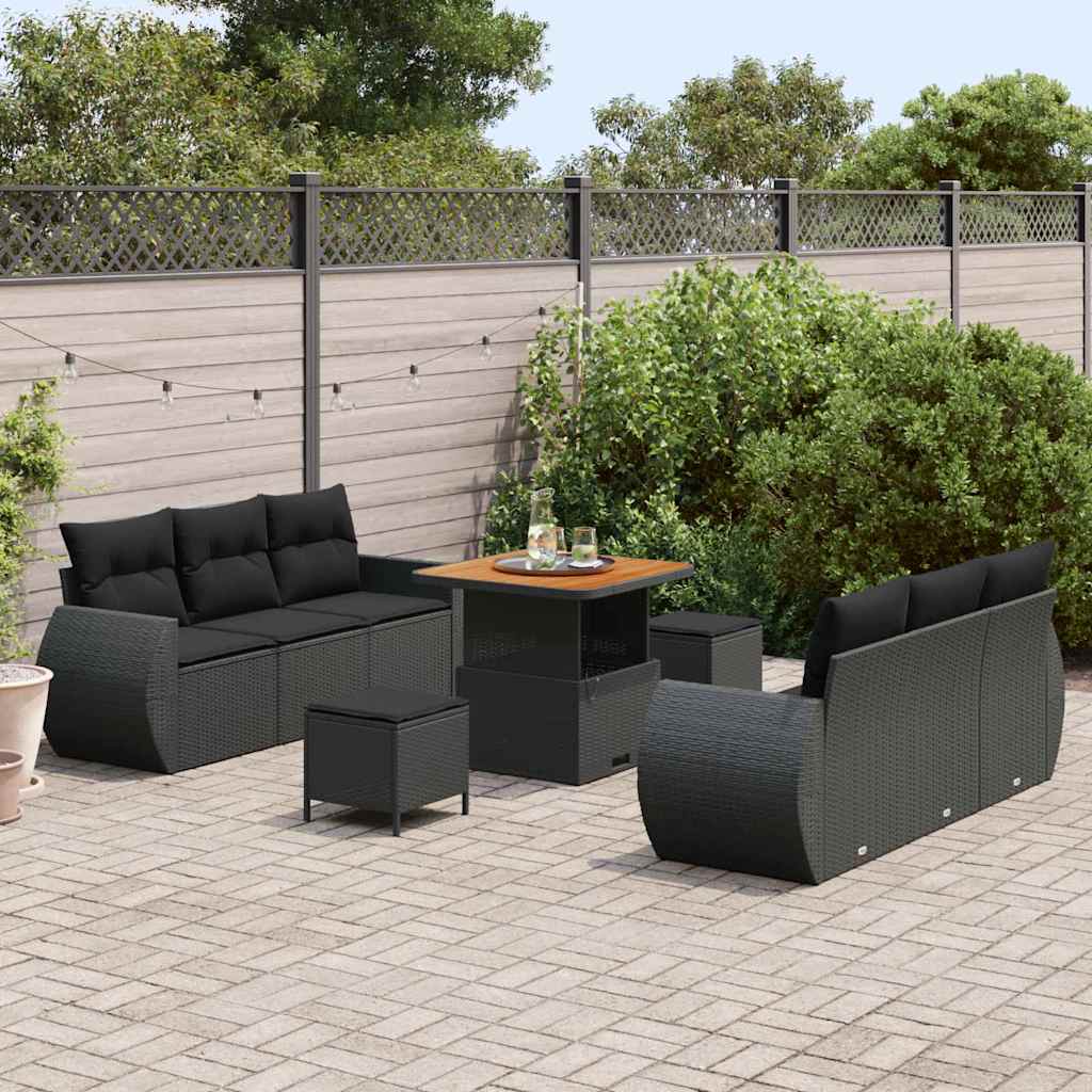 Garden Sofa Set 9 pcs Black Poly rattan and powder-coated steel