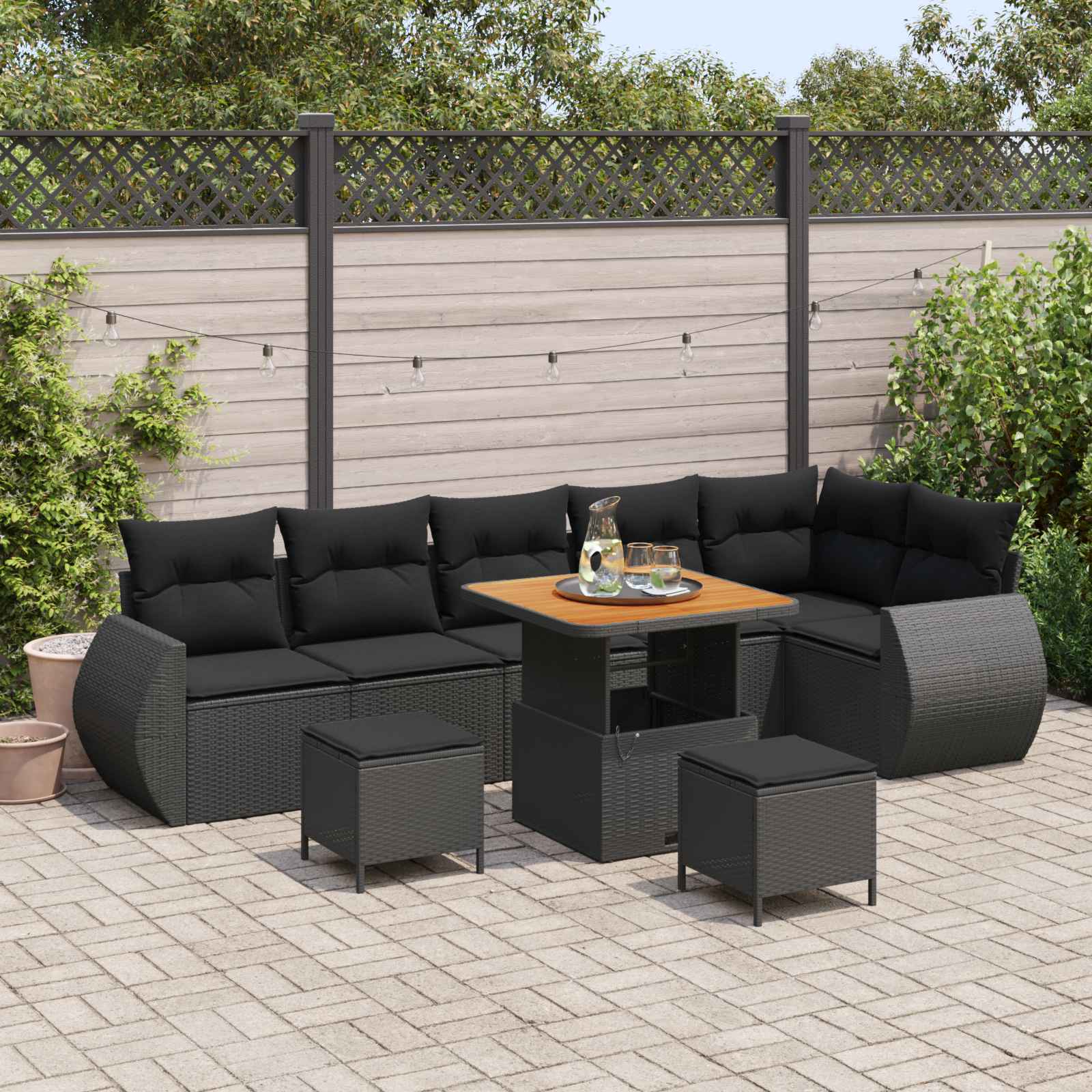 Garden Sofa Set with Cushion 9 pcs Black Poly Rattan