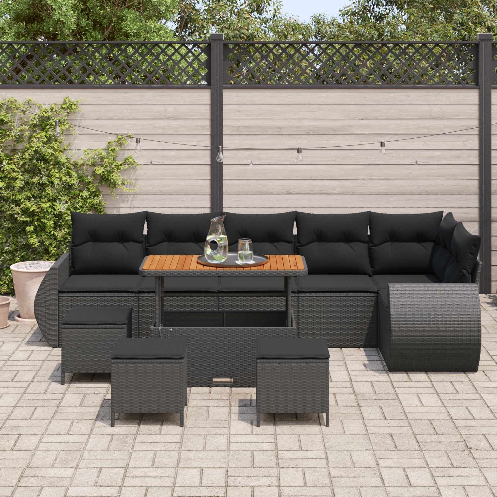 Garden Sofa Set with Cushion 10 pcs Black Poly Rattan