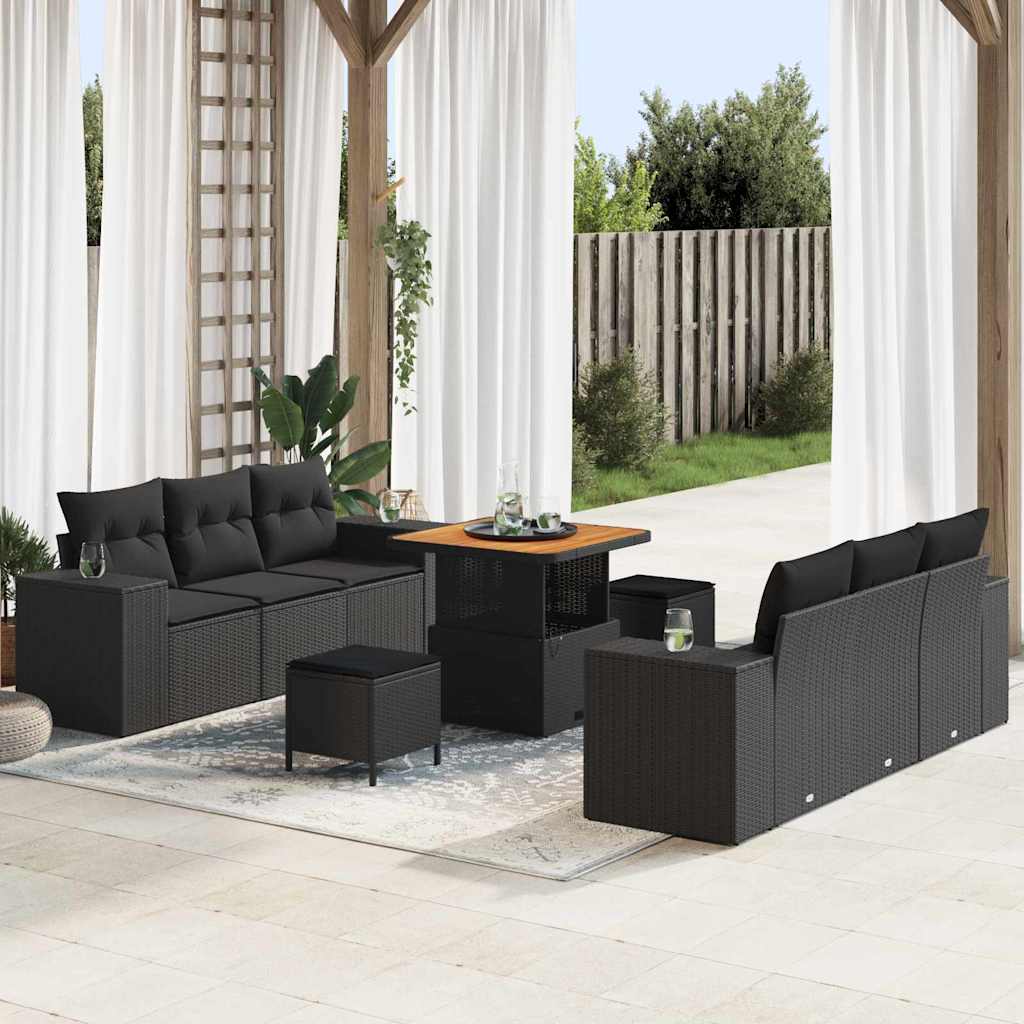 Garden Sofa Set with Cushion 9 pcs Black Poly Rattan