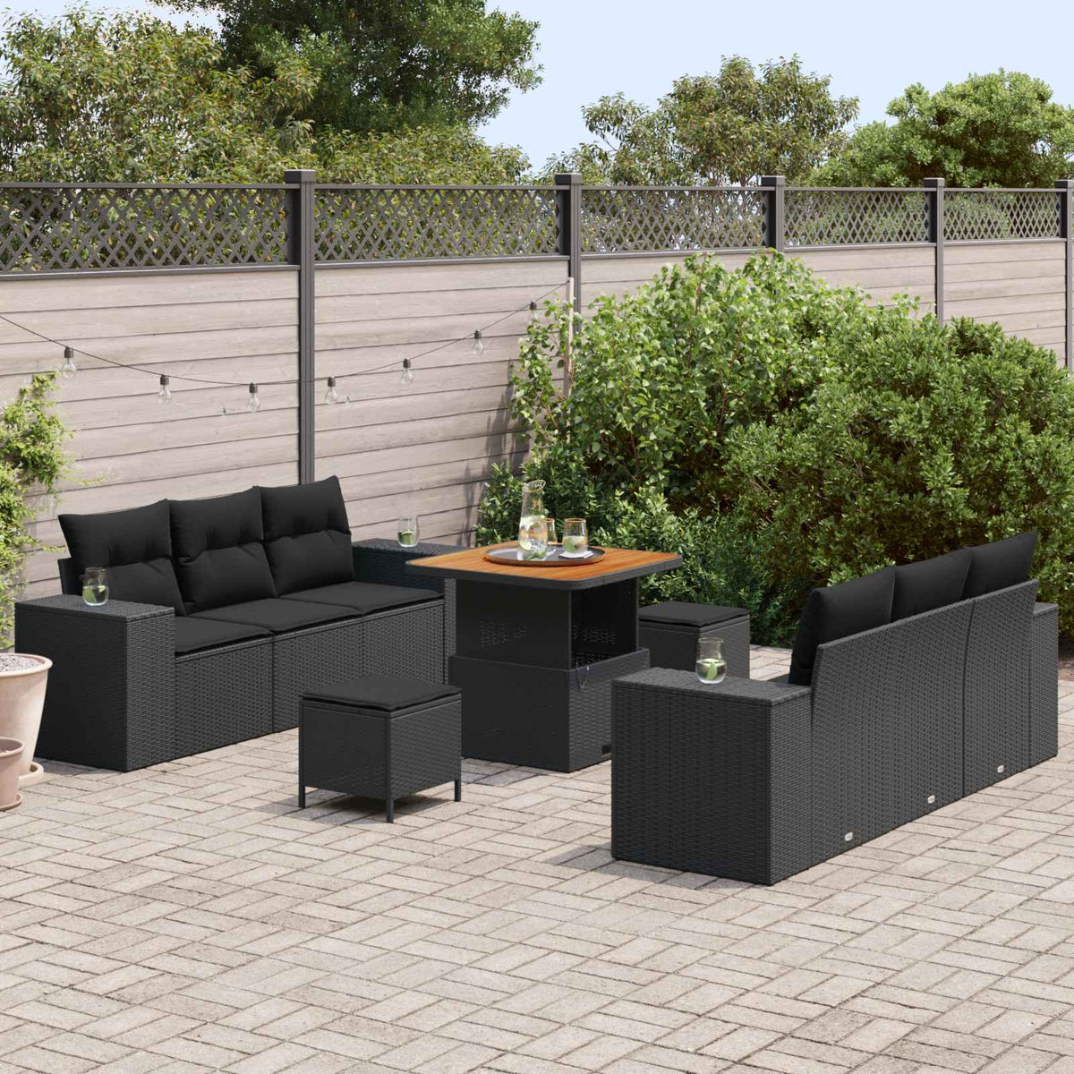 Garden Sofa Set with Pillow Black 221 x 204 x 85 cm Poly Rattan