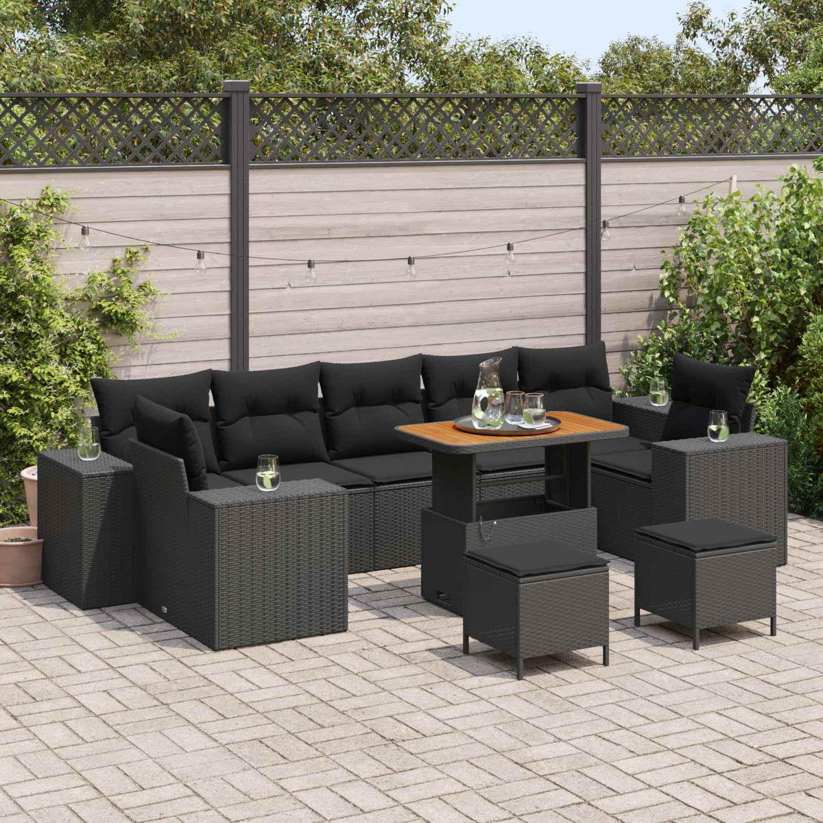 Garden Sofa Set with Cushion with Storage 10 pcs Black