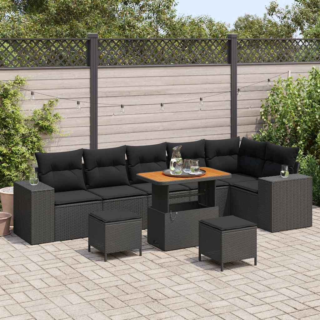 Garden Sofa Set with Cushion 9 pcs Black Poly Rattan