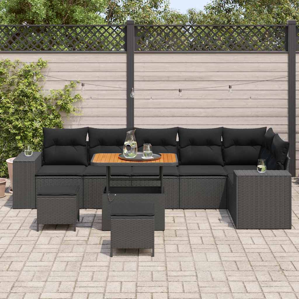 Garden Sofa Set with Cushion 9 pcs Black Poly Rattan
