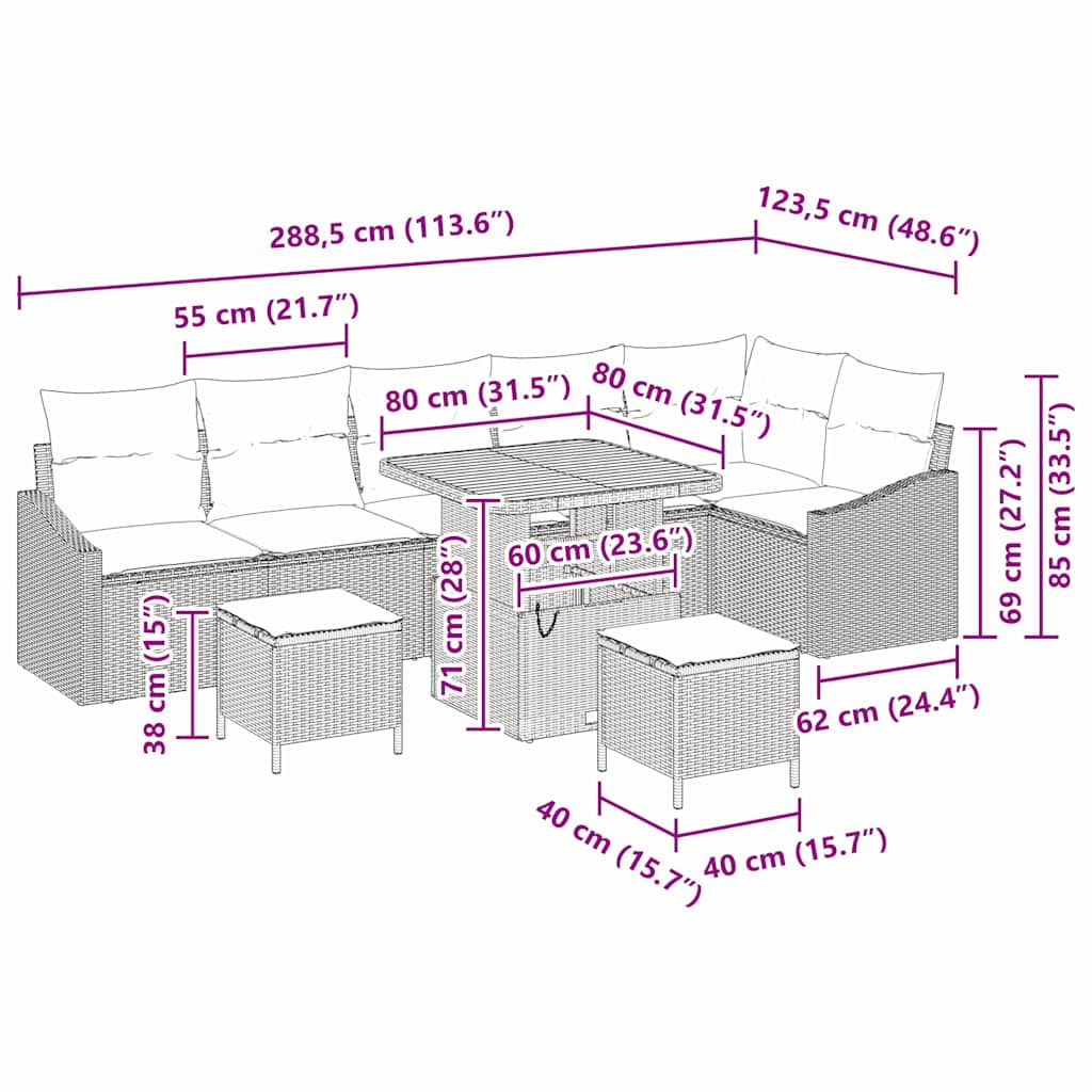Garden Sofa Set with Cushion 9 pcs Black 80 x 80 x 71 cm