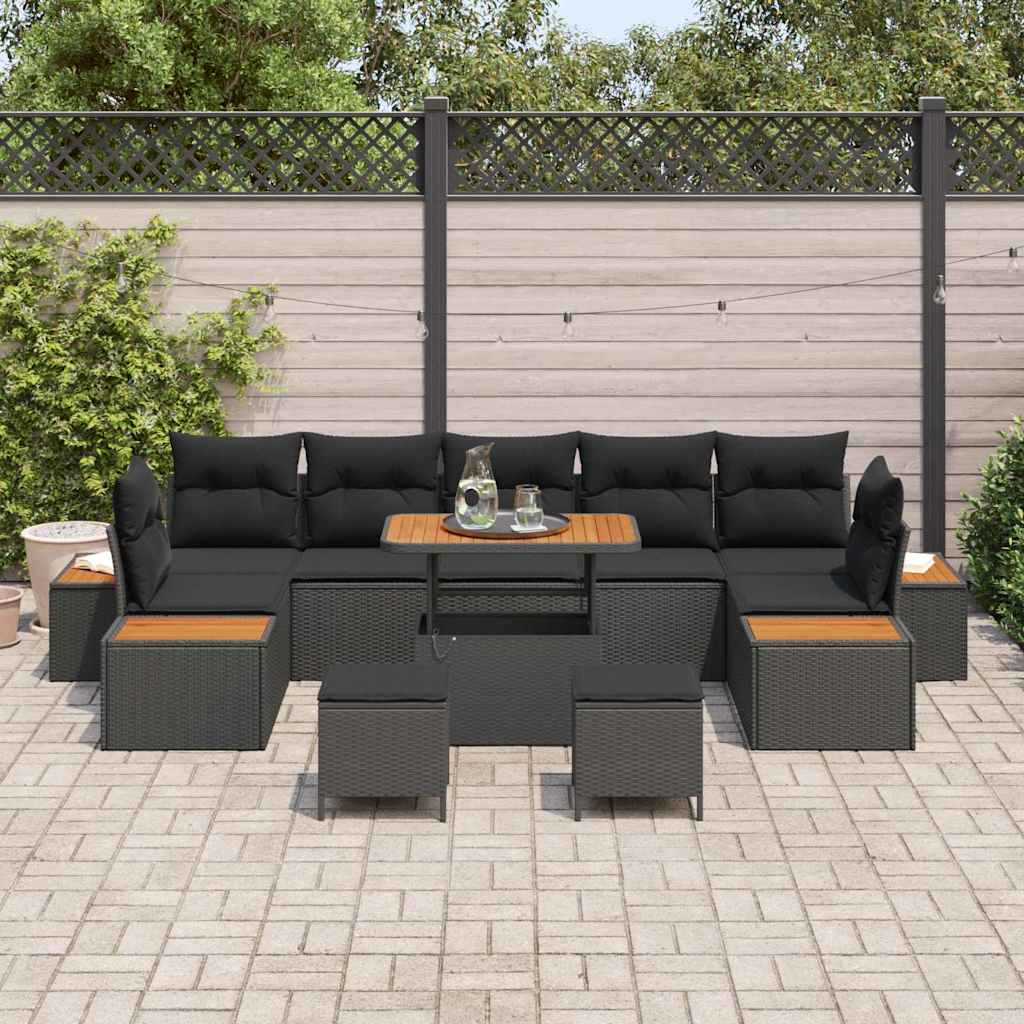 Garden Sofa Set with Cushion 10 pcs Black Poly rattan