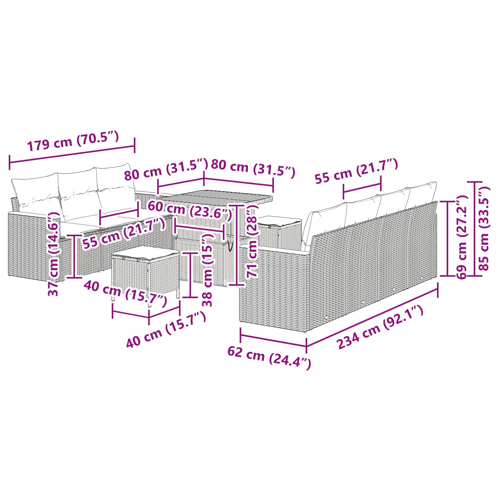 Garden Sofa Set with Cushion 14 pcs Black Poly Rattan