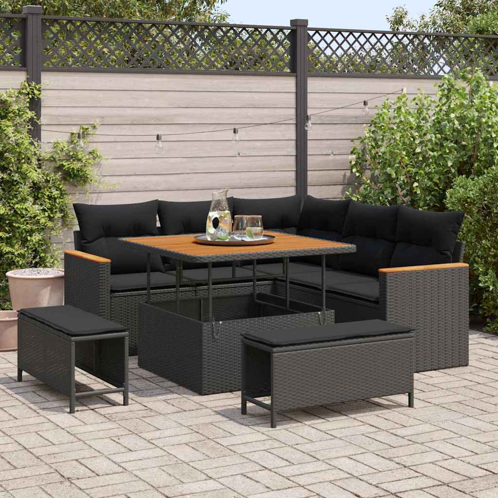 Garden Sofa Set with Cushion with Storage Black Poly rattan