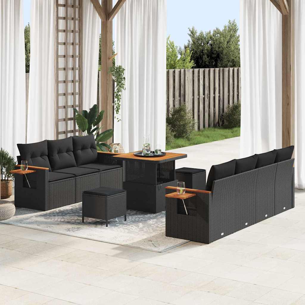 Garden Sofa Set with Cushion 10 pcs Black Poly rattan