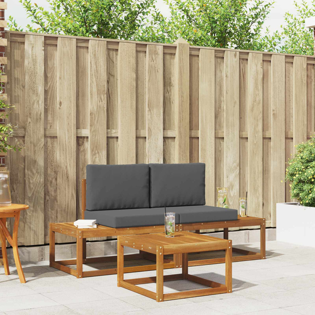 Outdoor Sofa Set 3 pcs Natural Solid Acacia Wood and Polyester