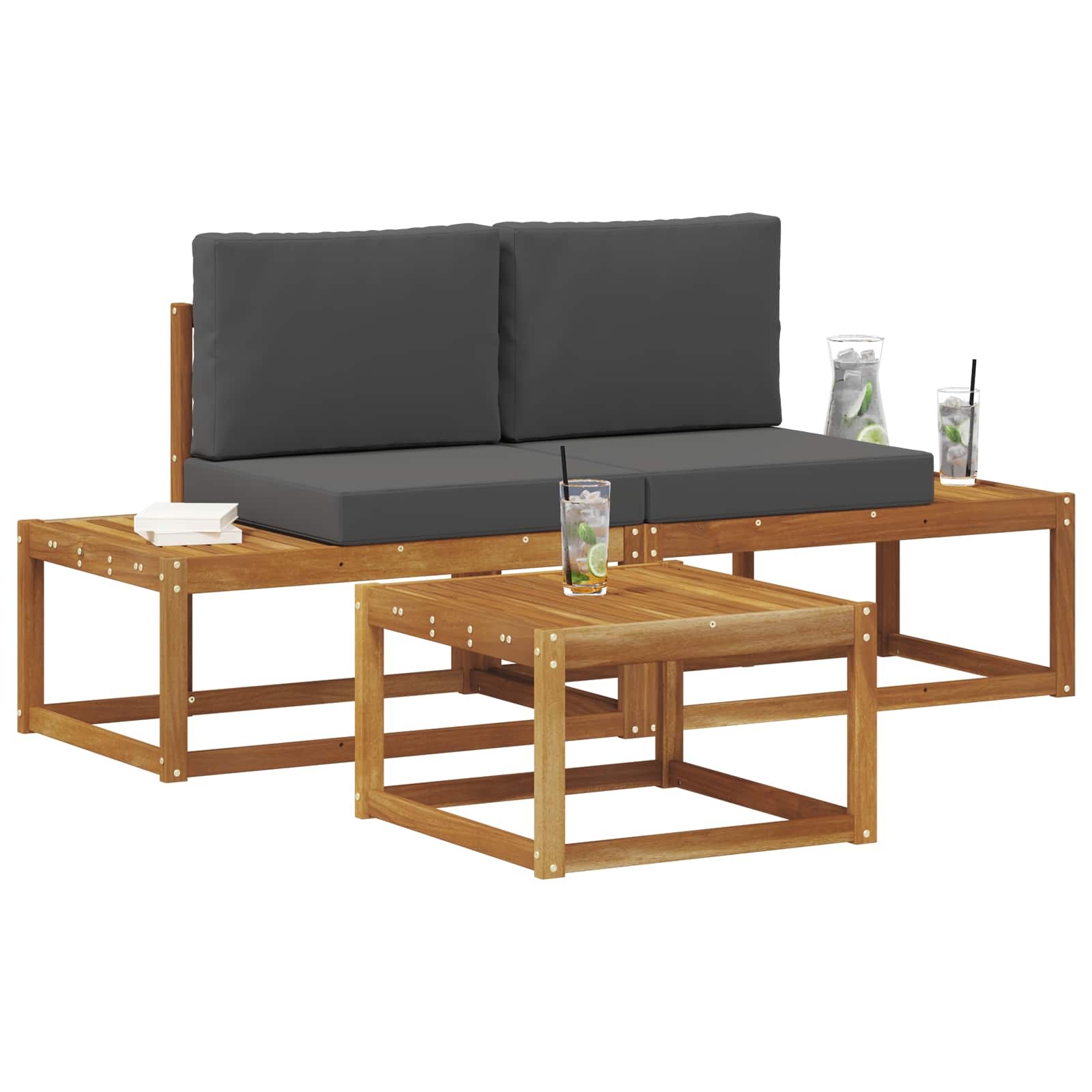 Outdoor Sofa Set 3 pcs Natural Solid Acacia Wood and Polyester