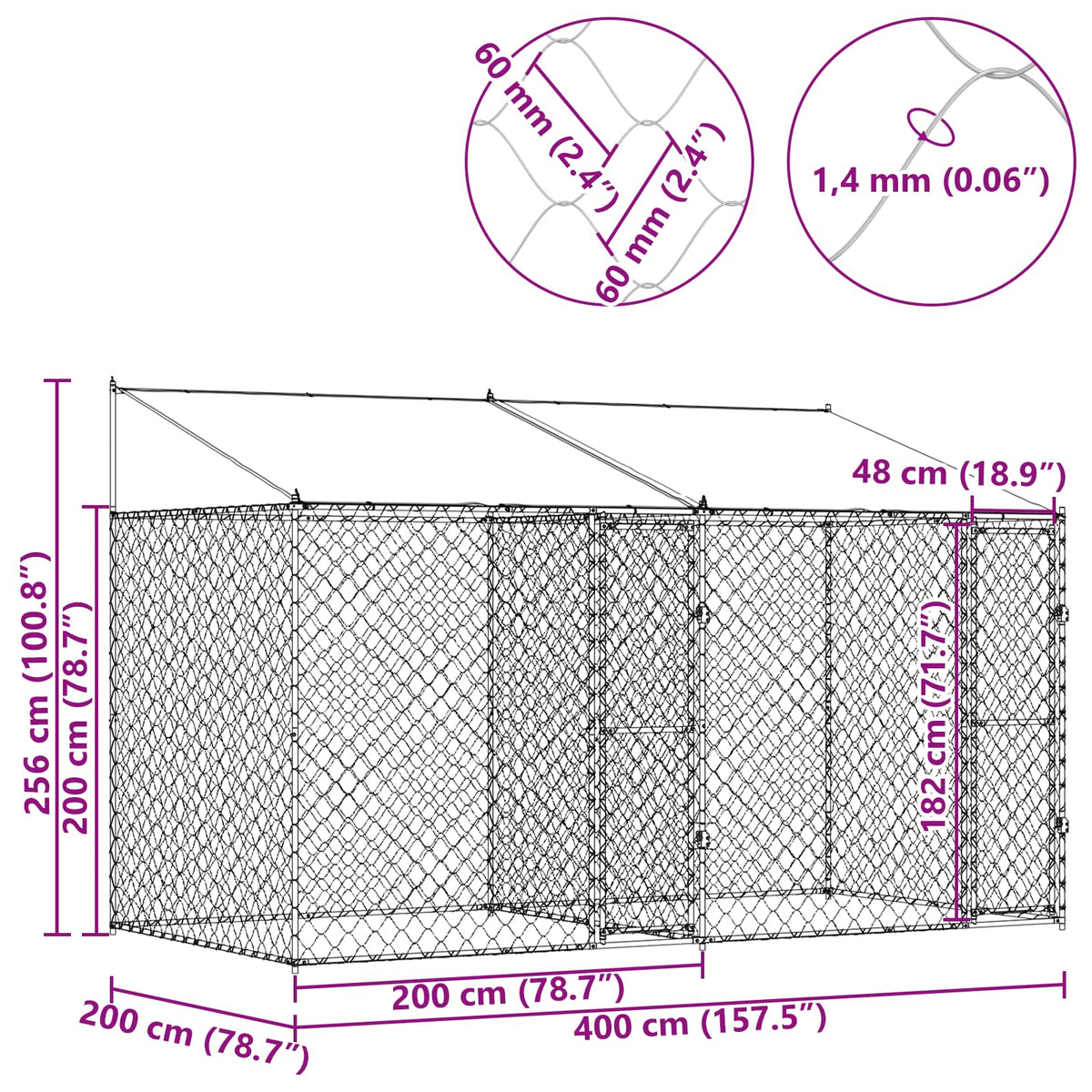 Dog Cage with Roof Silver 400 x 200 x 256 cm Steel and PE