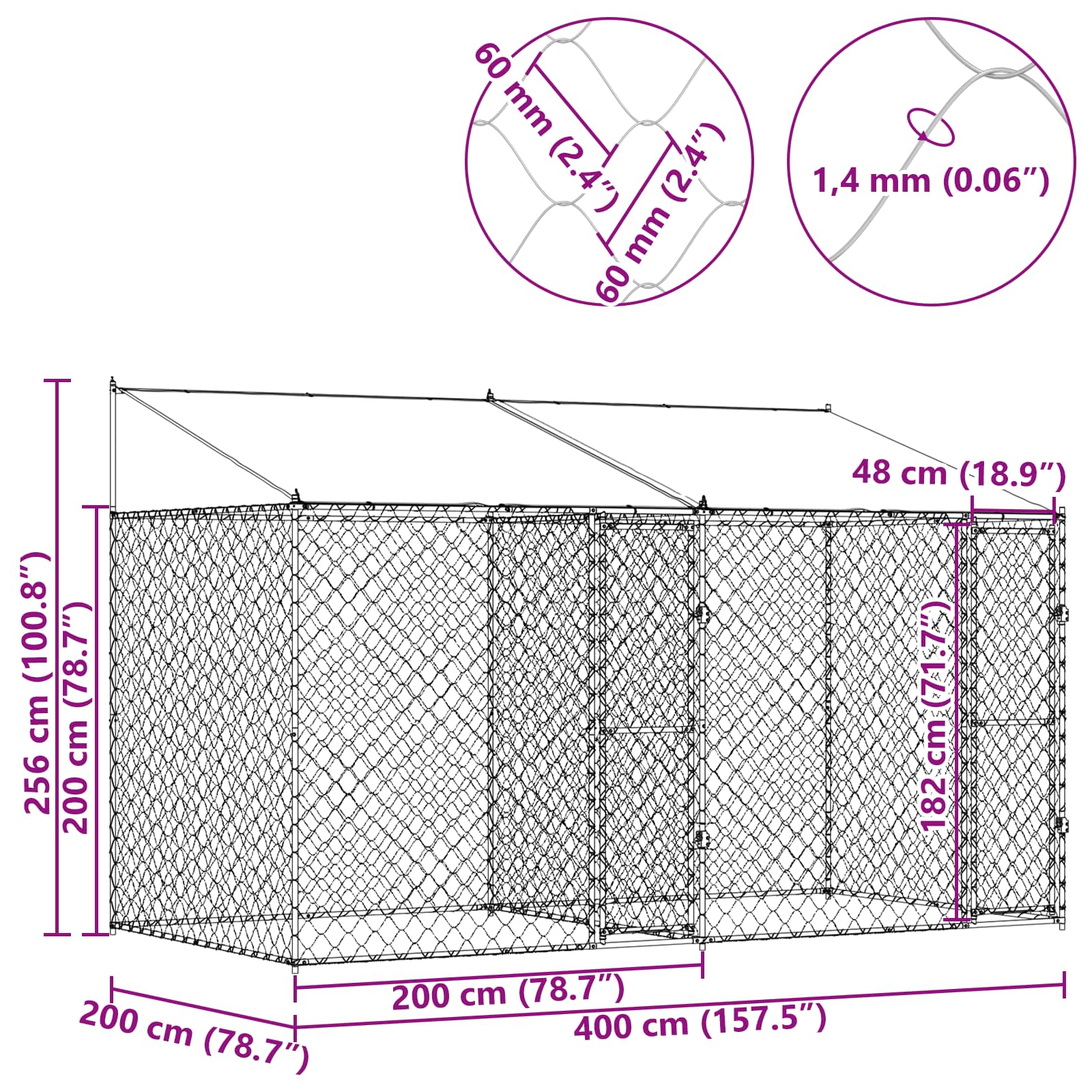 Dog Cage with Roof Silver 400 x 200 x 256 cm Steel and PE