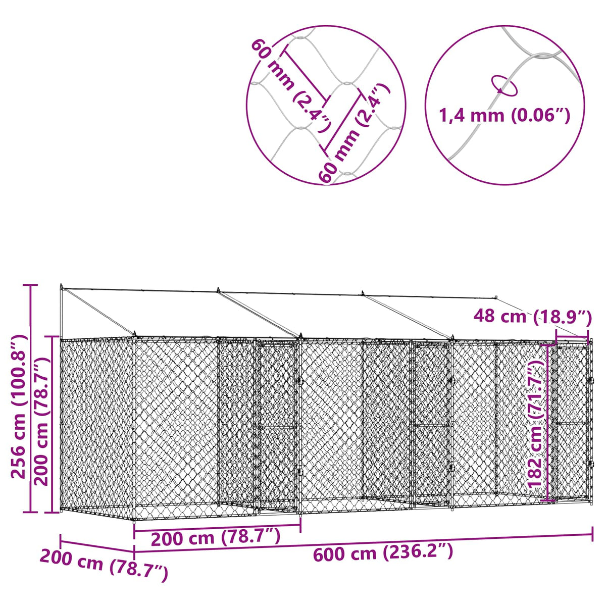Dog Cage with Roof Silver 600 x 200 x 256 cm Steel and PE