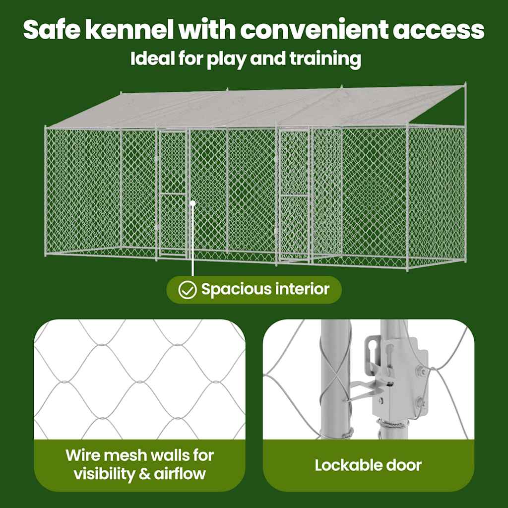 Dog Cage with Roof Silver 600 x 200 x 256 cm Steel and PE