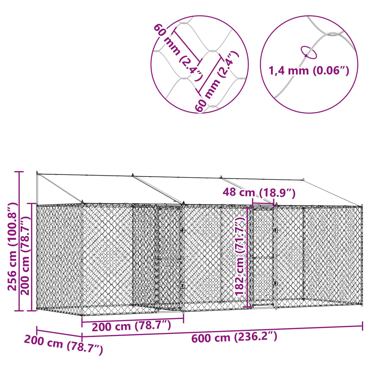Dog Cage with Roof Silver 600 x 200 x 256 cm Steel and PE