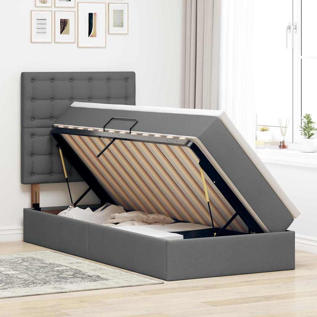LED Storage Bed with Mattress Dark Grey 107 x 203 cm Fabric