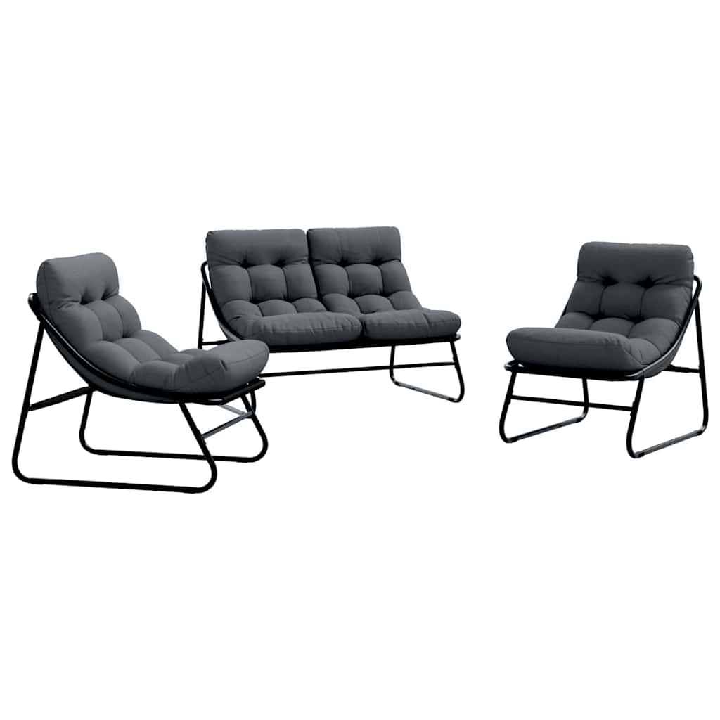 Garden Furniture with Cushion 3 pcs Black Powder-Coated Steel