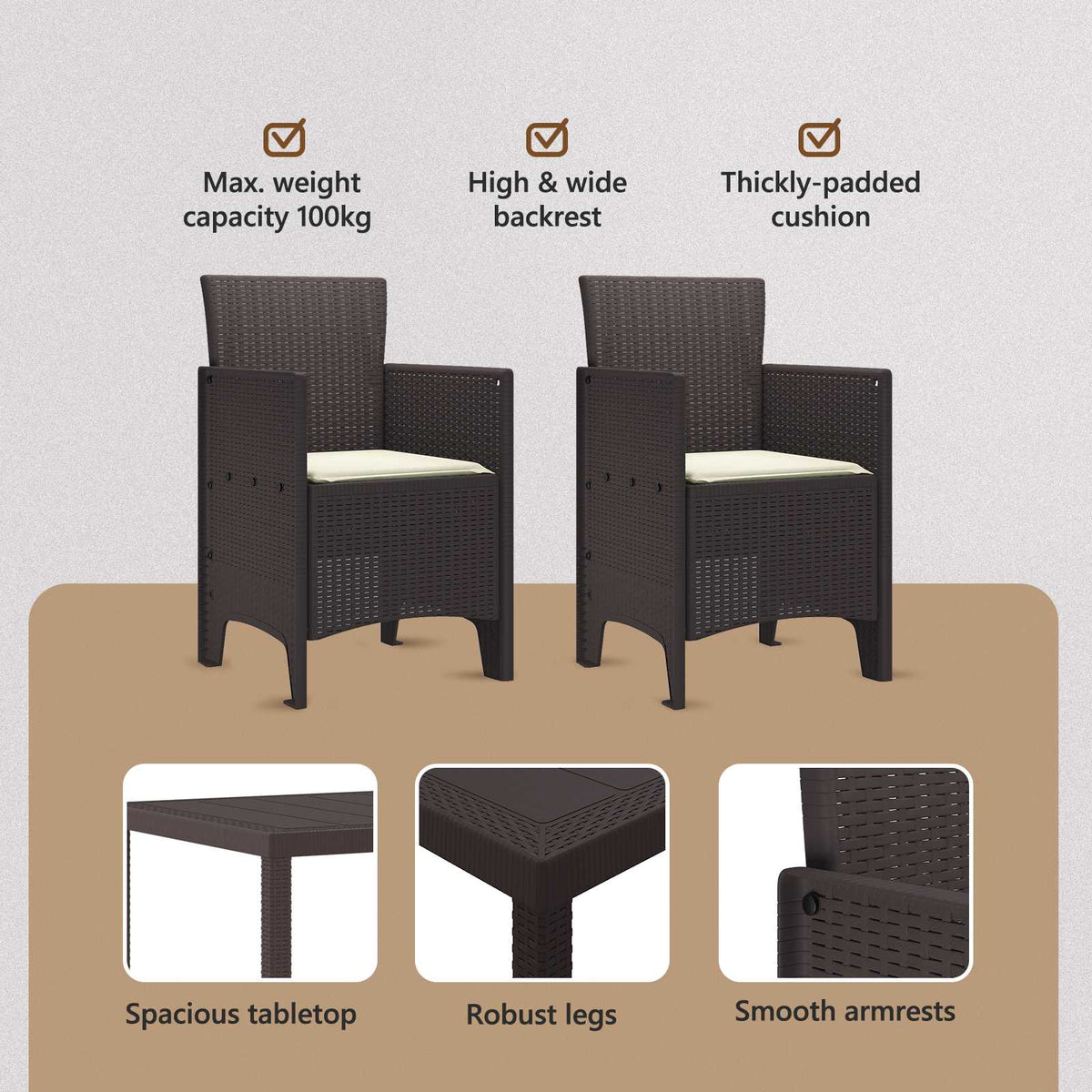 Garden Dining Set 3 pcs Brown Polypropylene