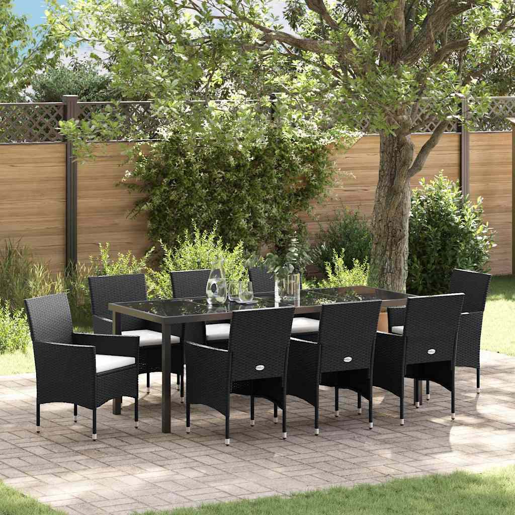 Garden Dining Set with Cushion 9 pcs Black Poly Rattan