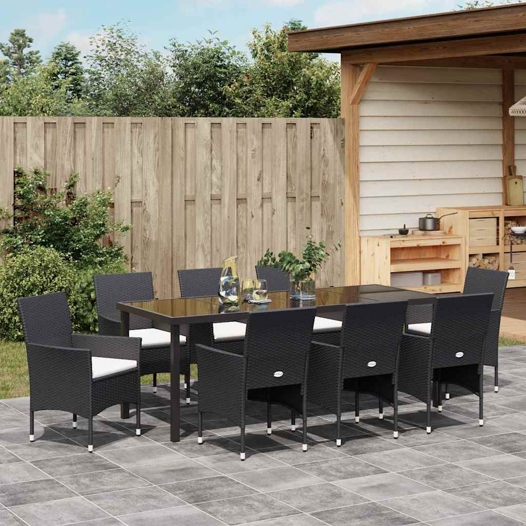 Garden Dining Set with Cushion 9 pcs Black Poly Rattan