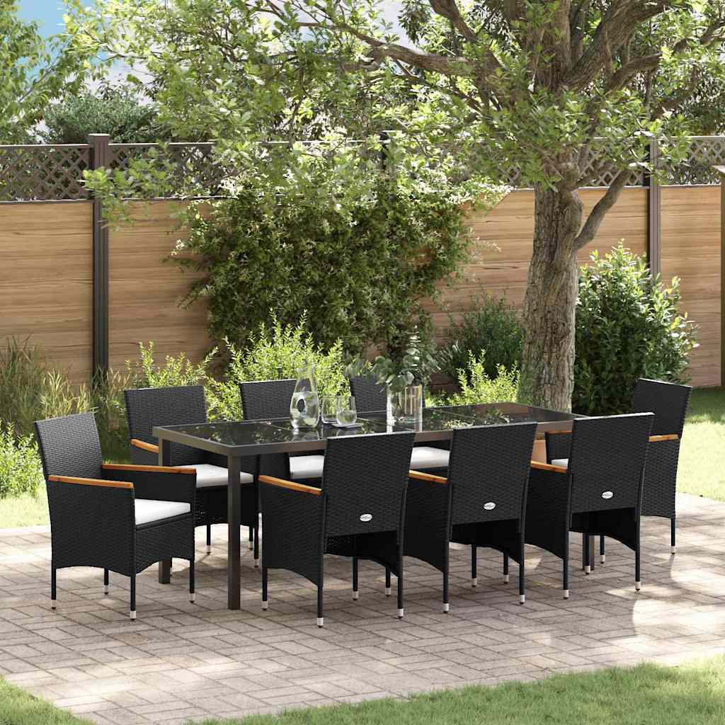 Garden Dining Set with Cushion 9 pcs Black Poly Rattan
