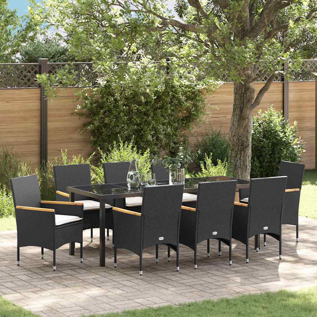 Garden Dining Set with Cushion 9 pcs Black Poly Rattan