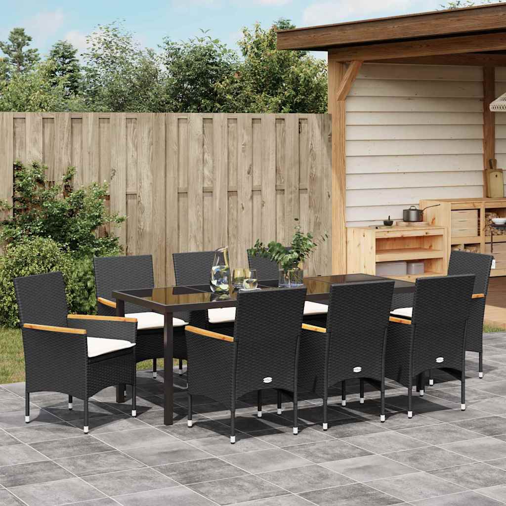 Garden Dining Set with Cushion 9 pcs Black Poly Rattan