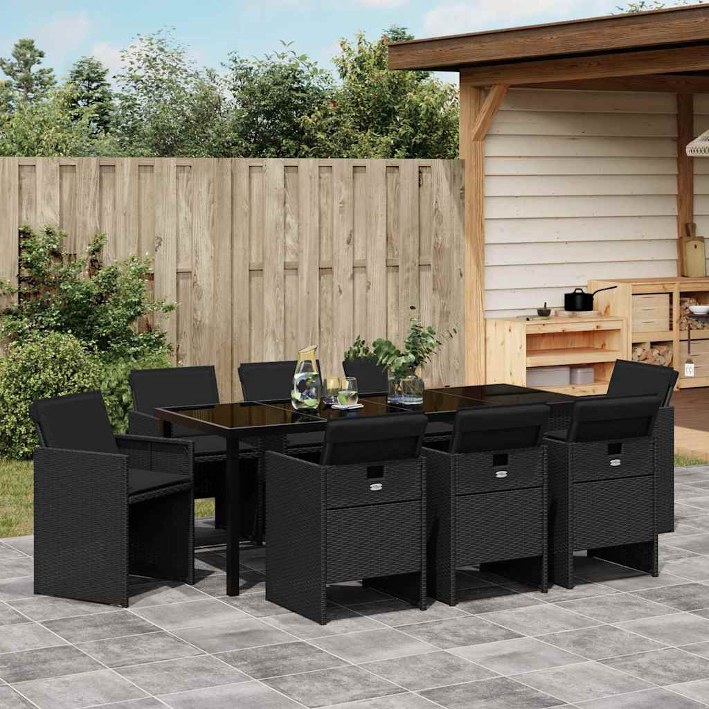 Garden Dining Set with Cushion 9 pcs Black Poly Rattan