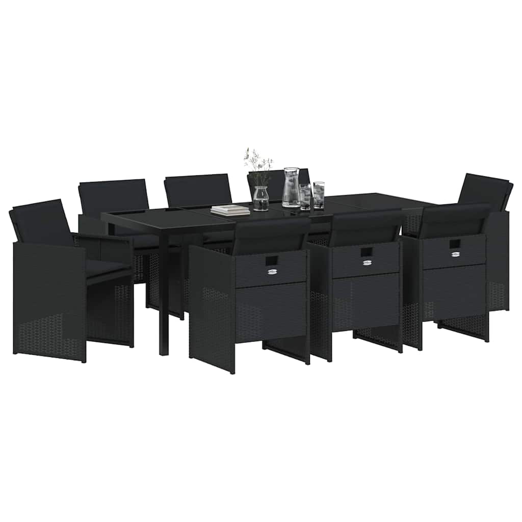 Garden Dining Set with Cushion 9 pcs Black Poly Rattan