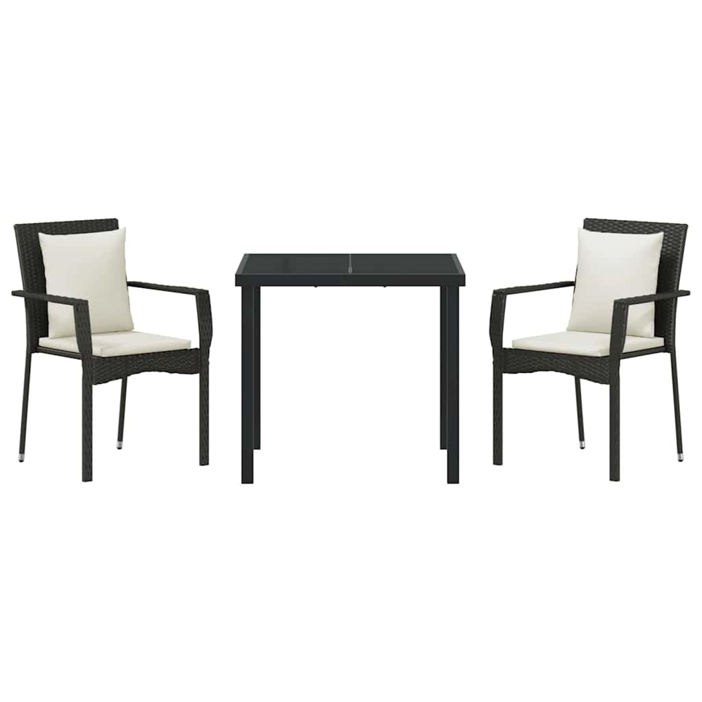 Garden Dining Set with Cushion 3 pcs Black Poly Rattan