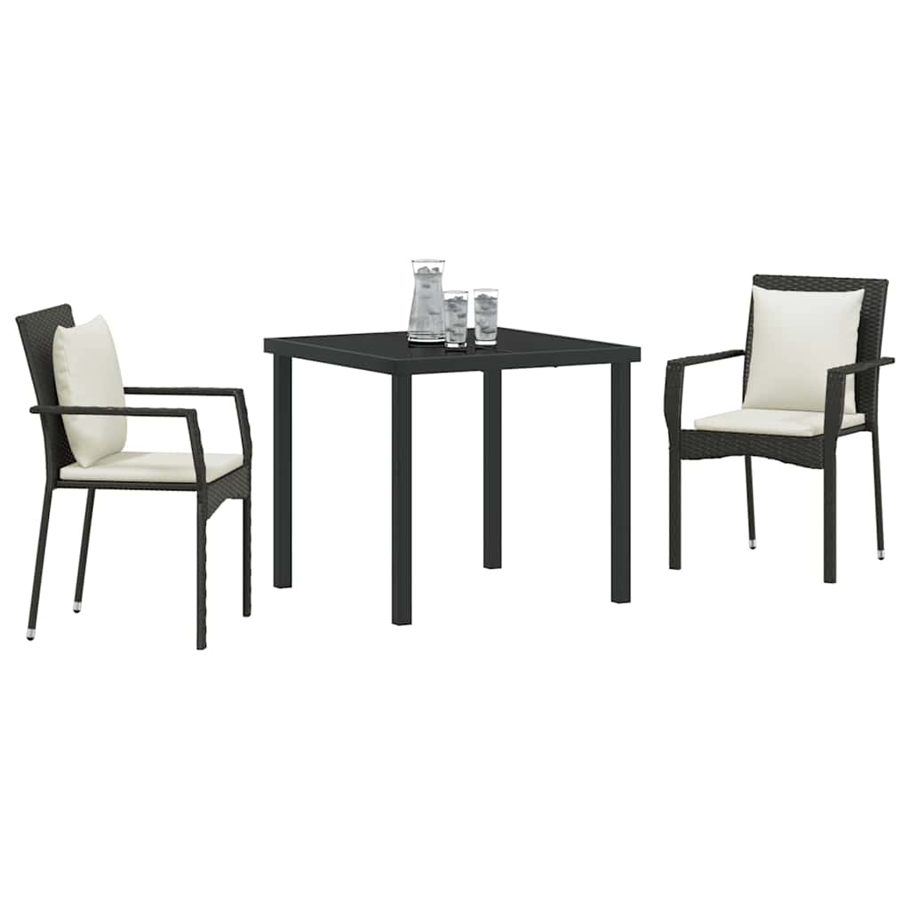 Garden Dining Set with Cushion 3 pcs Black Poly Rattan