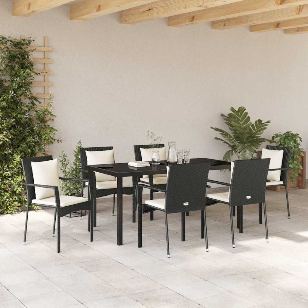 Garden Dining Set with Cushion 7 pcs Black Poly Rattan