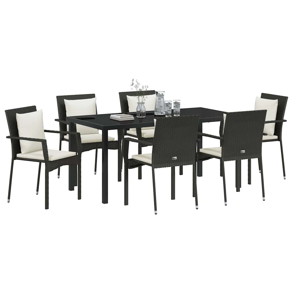 Garden Dining Set with Cushion 7 pcs Black Poly Rattan