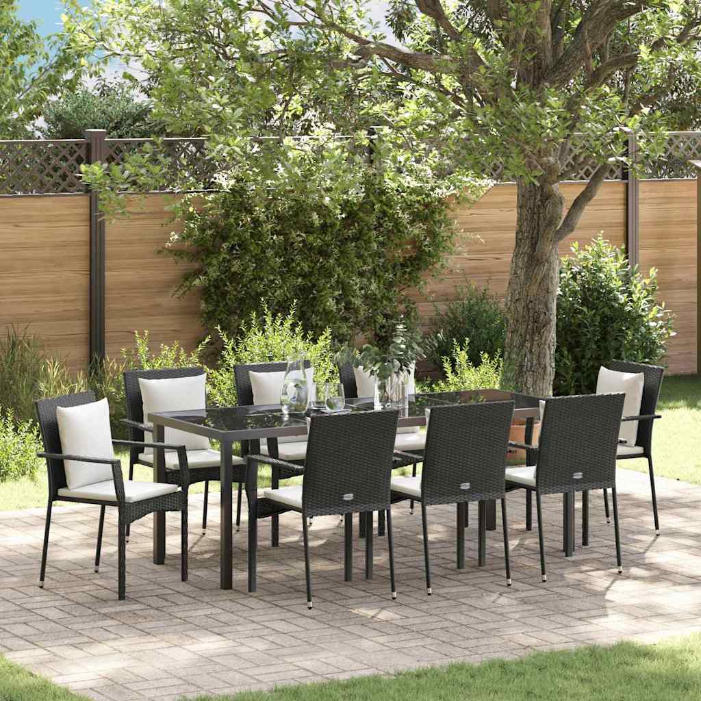 Garden Dining Set with Cushion 9 pcs Black Poly Rattan