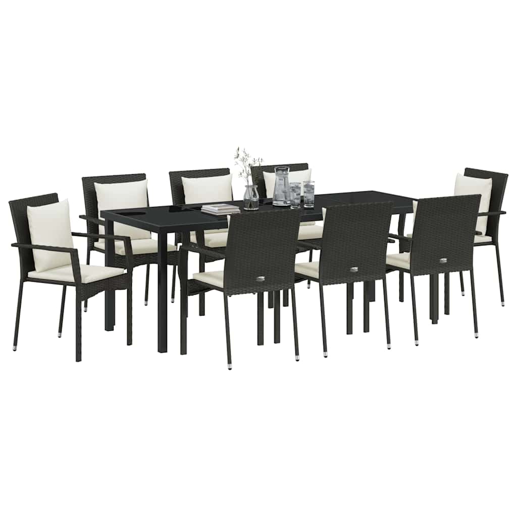Garden Dining Set with Cushion 9 pcs Black Poly Rattan