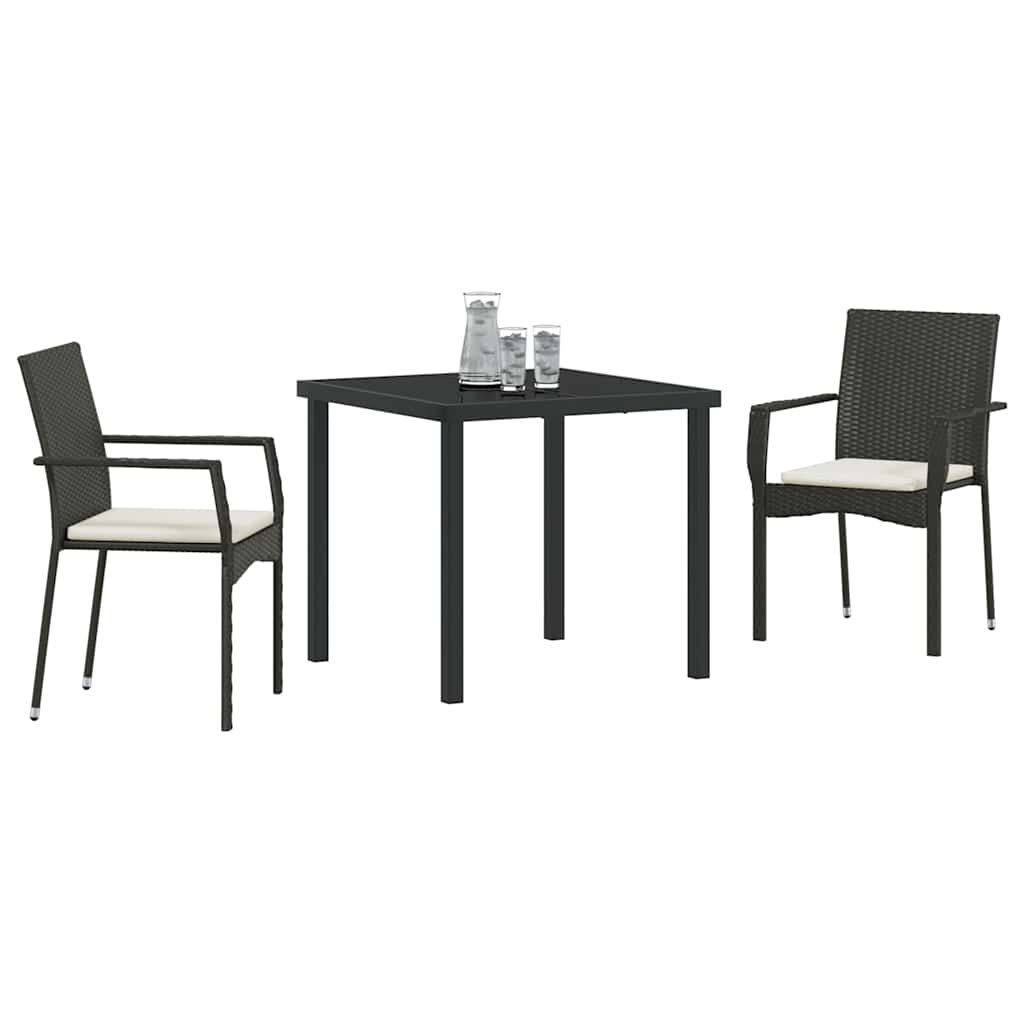 Garden Dining Set with Cushion 3 pcs Black Poly Rattan