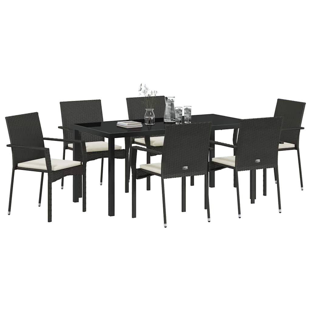 Garden Dining Set with Cushion 7 pcs Black Poly Rattan
