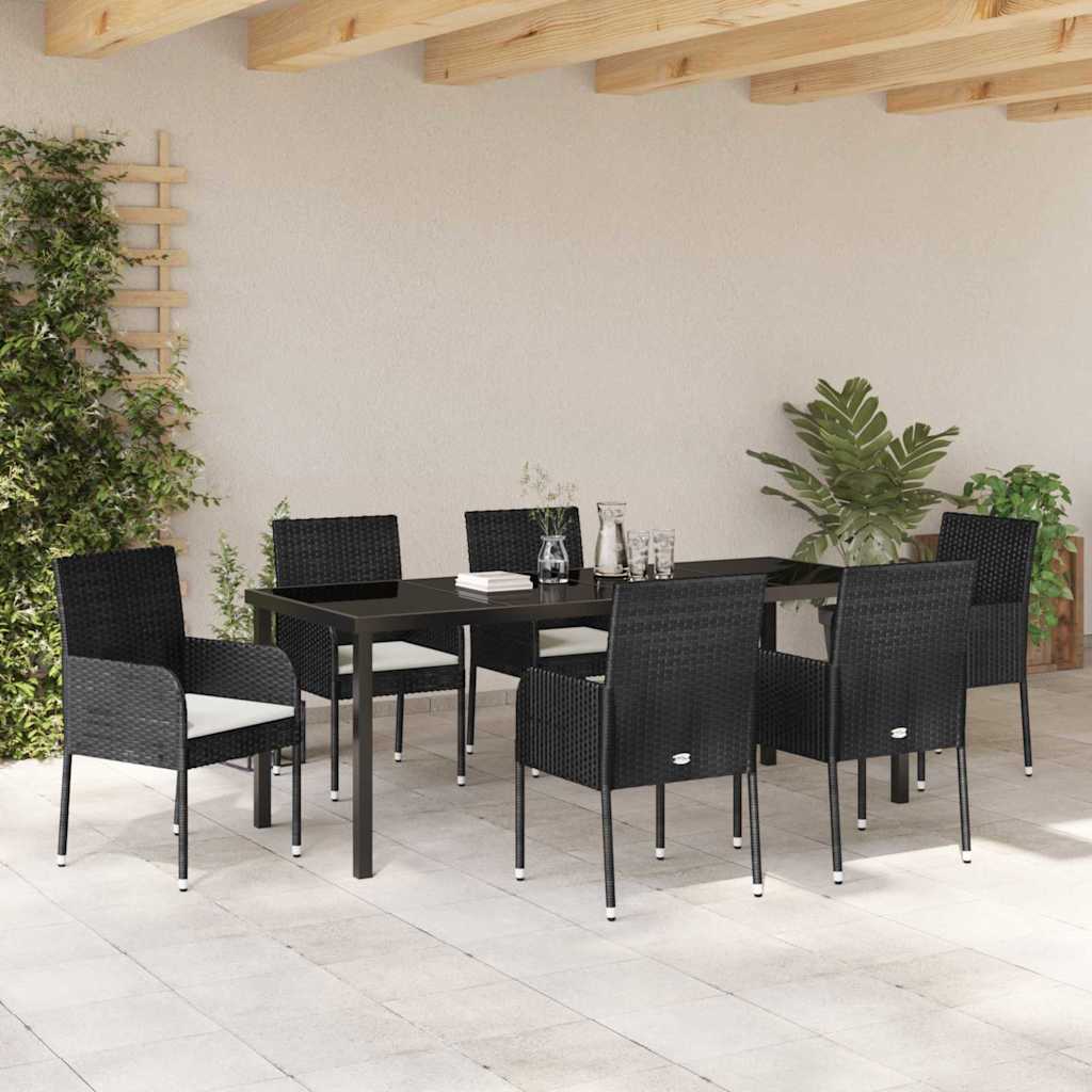 Garden Dining Set with Cushion 7 pcs Black Poly Rattan