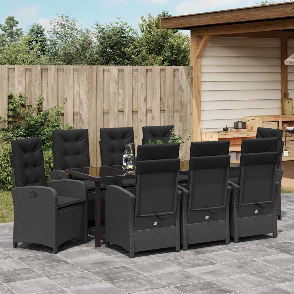 Garden Dining Set with Cushion 9 pcs Black Poly Rattan