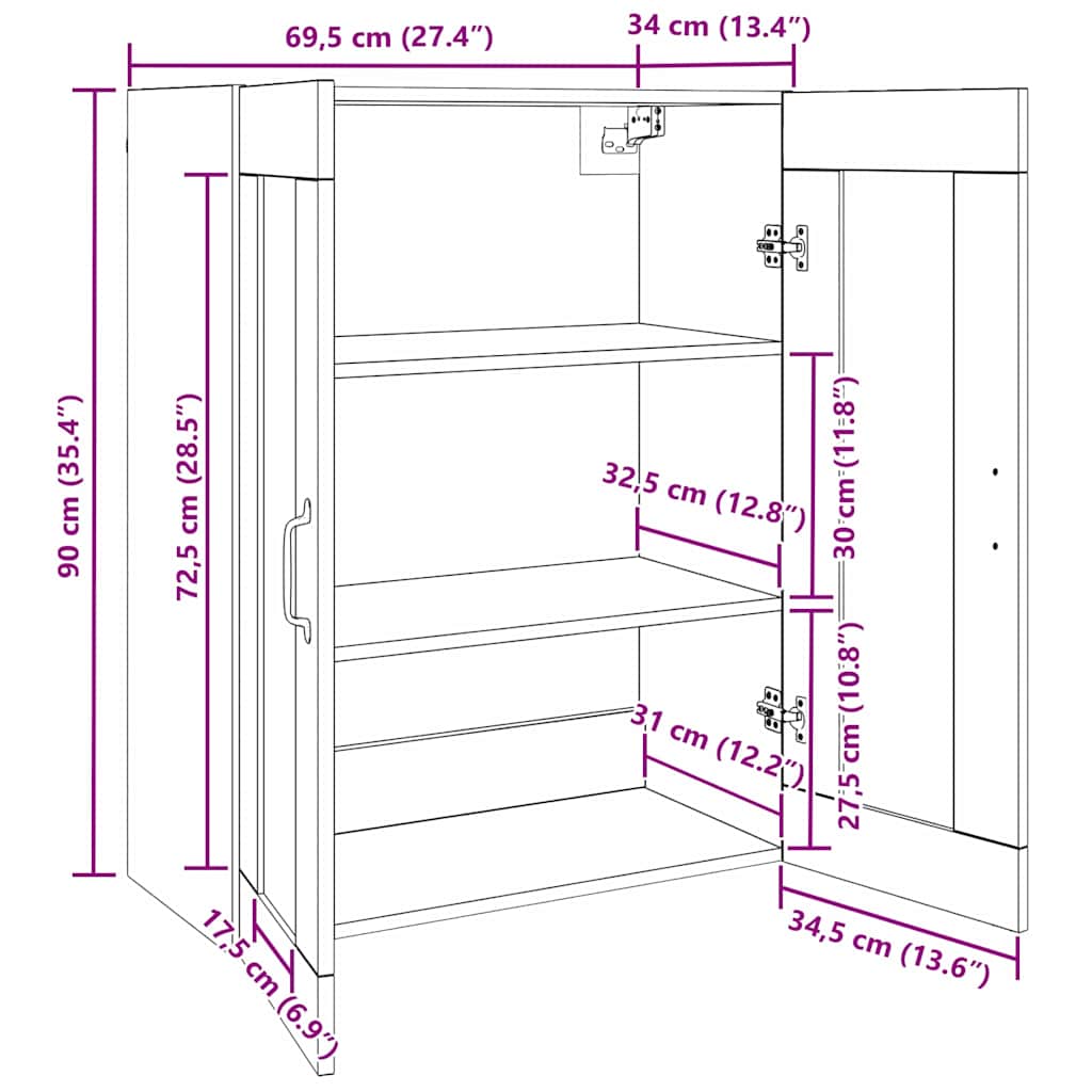 Hanging Wall Cabinet Black 69.5 x 34 x 90 cm Engineered wood