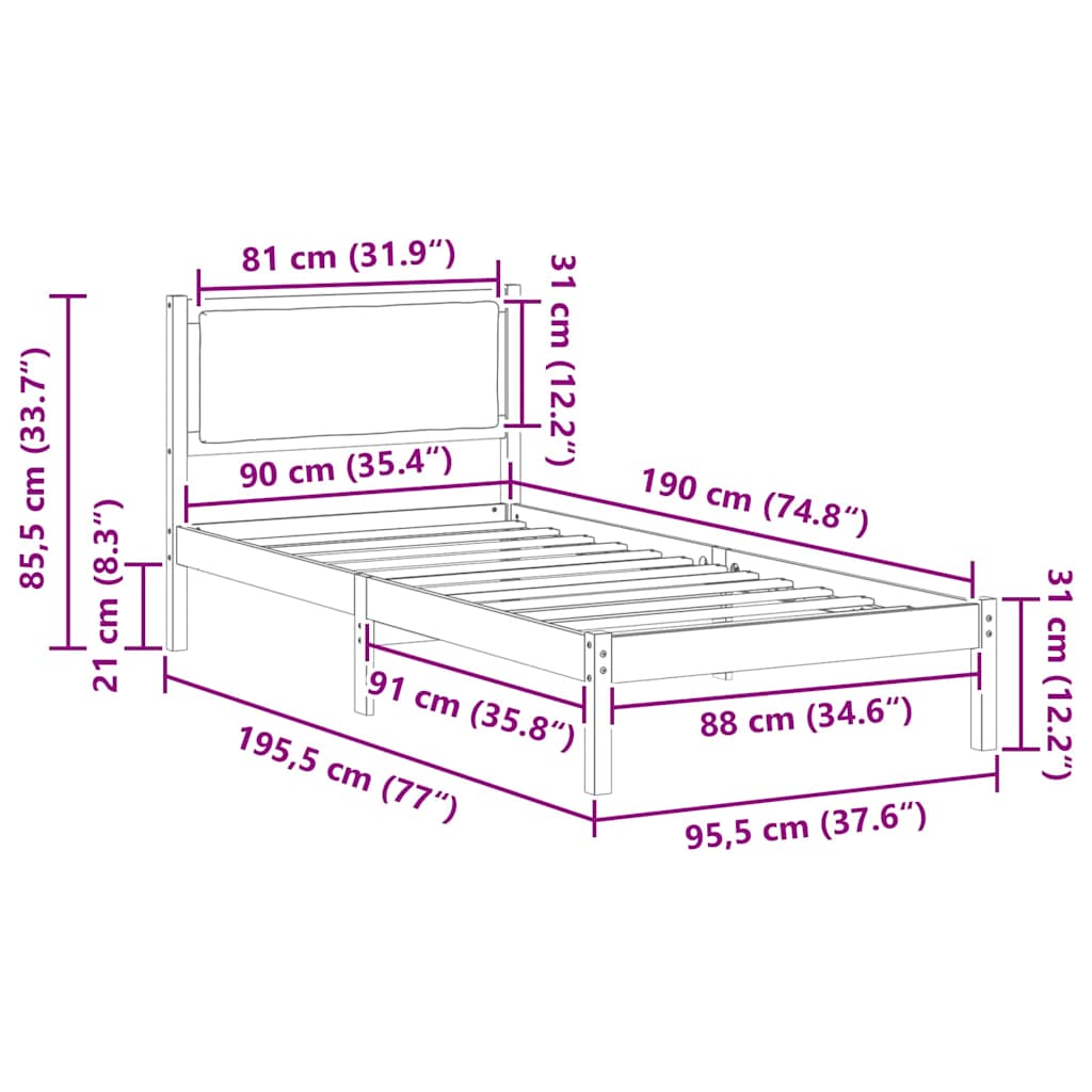 Bed Frame with Headboard Dark Grey 90 x 190 cm Solid Pine Wood
