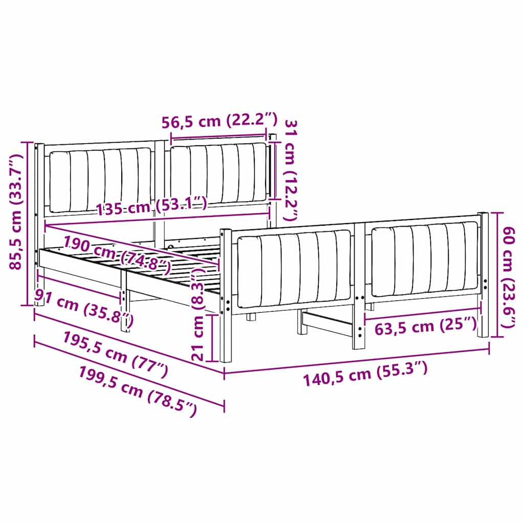 Bed frame Brown and dark grey 135 x 190 cm Solid pine wood