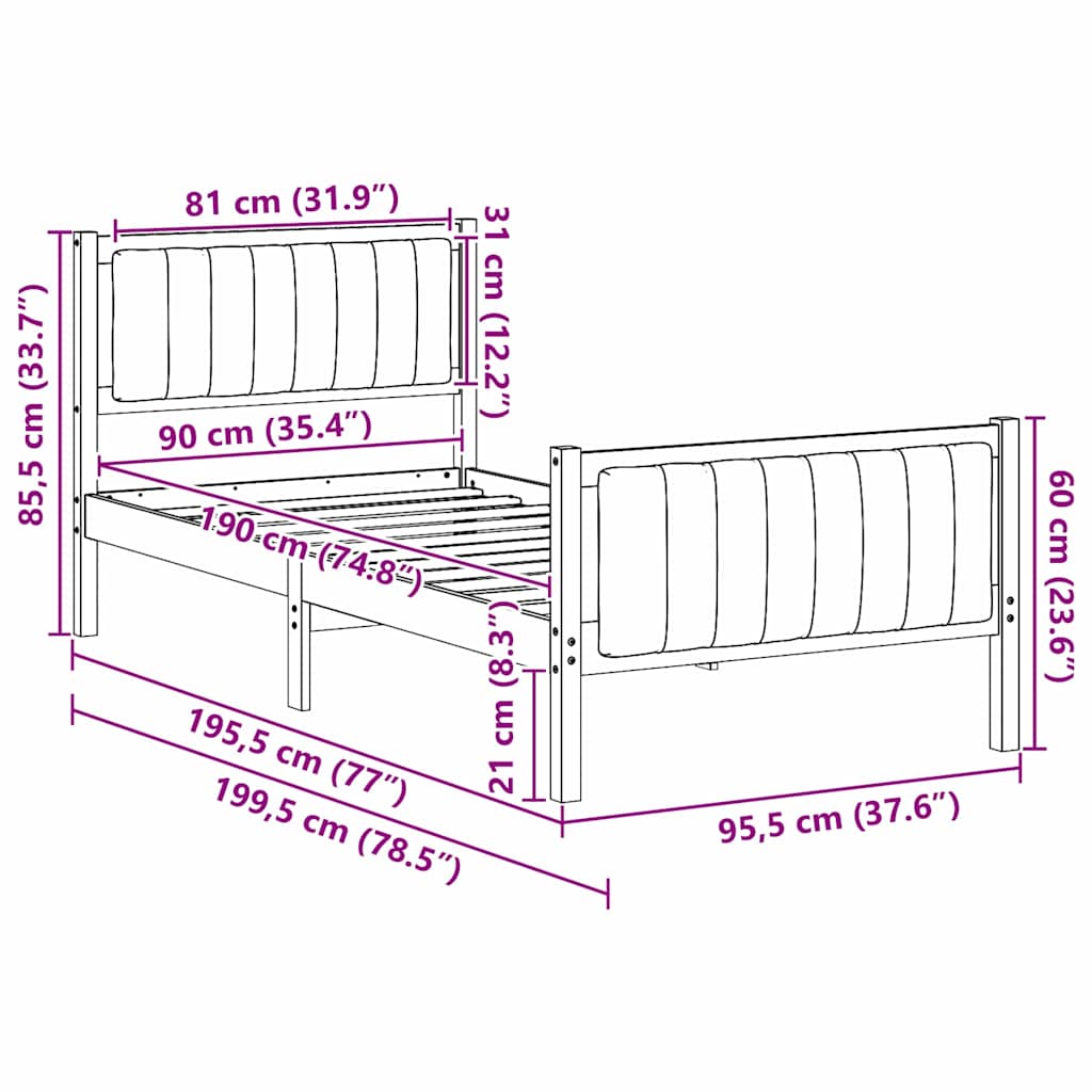 Bed frame Brown and dark grey 90 x 190 cm Solid pine wood