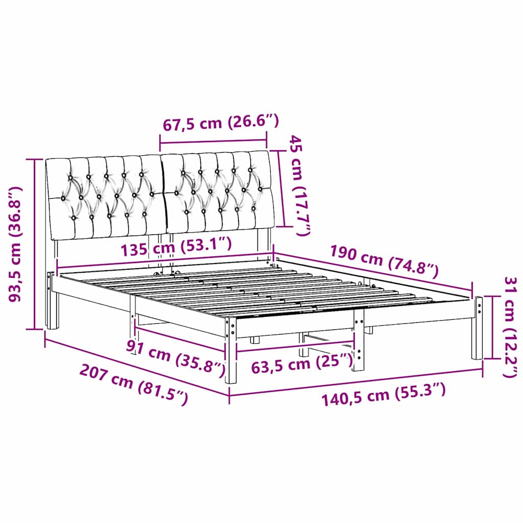 Bed Frame with Upholstered Headboard Brown 135 x 190 cm