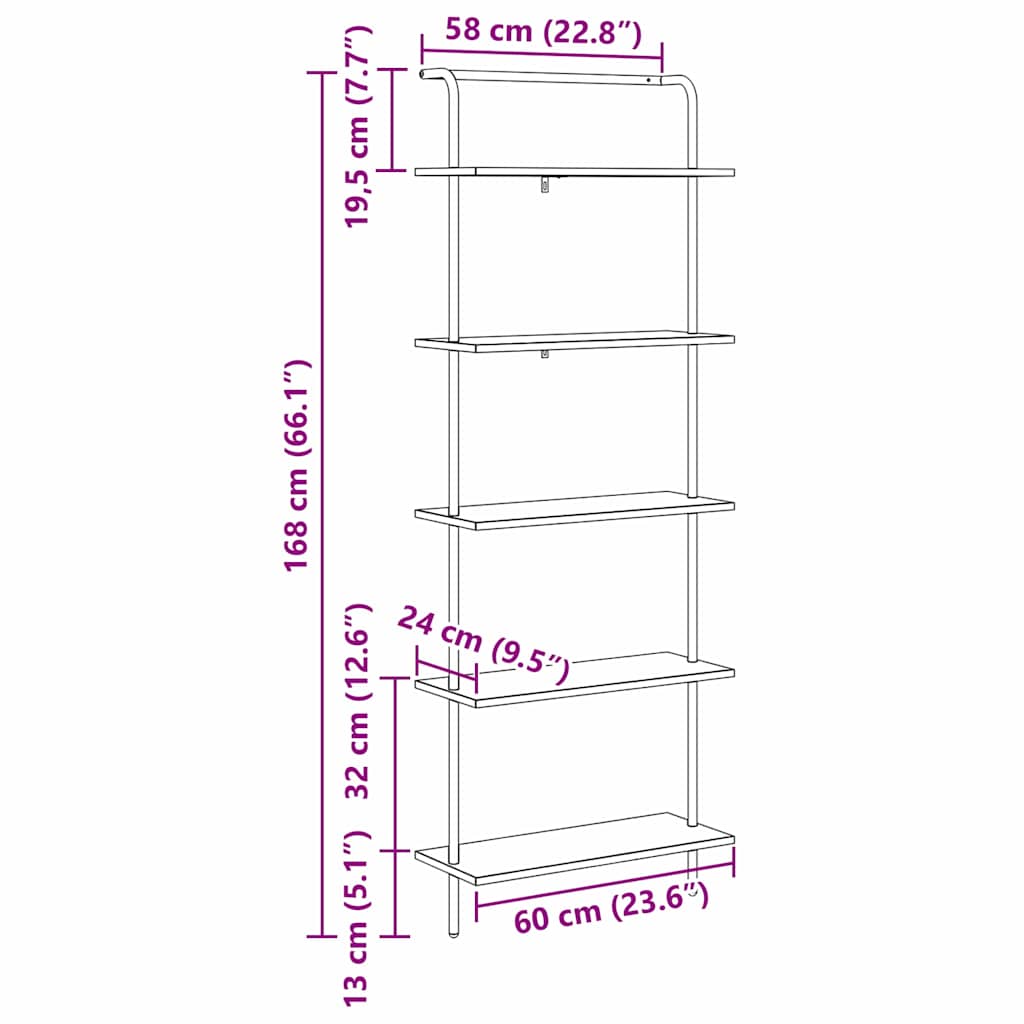 Bookshelf 5-Tier 60 x 24 x 168 cm Engineered wood Sonoma Oak