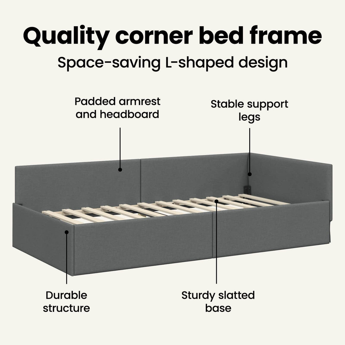 Corner Bed Frame with Headboard Dark Grey 90 cm x 190 cm Fabric