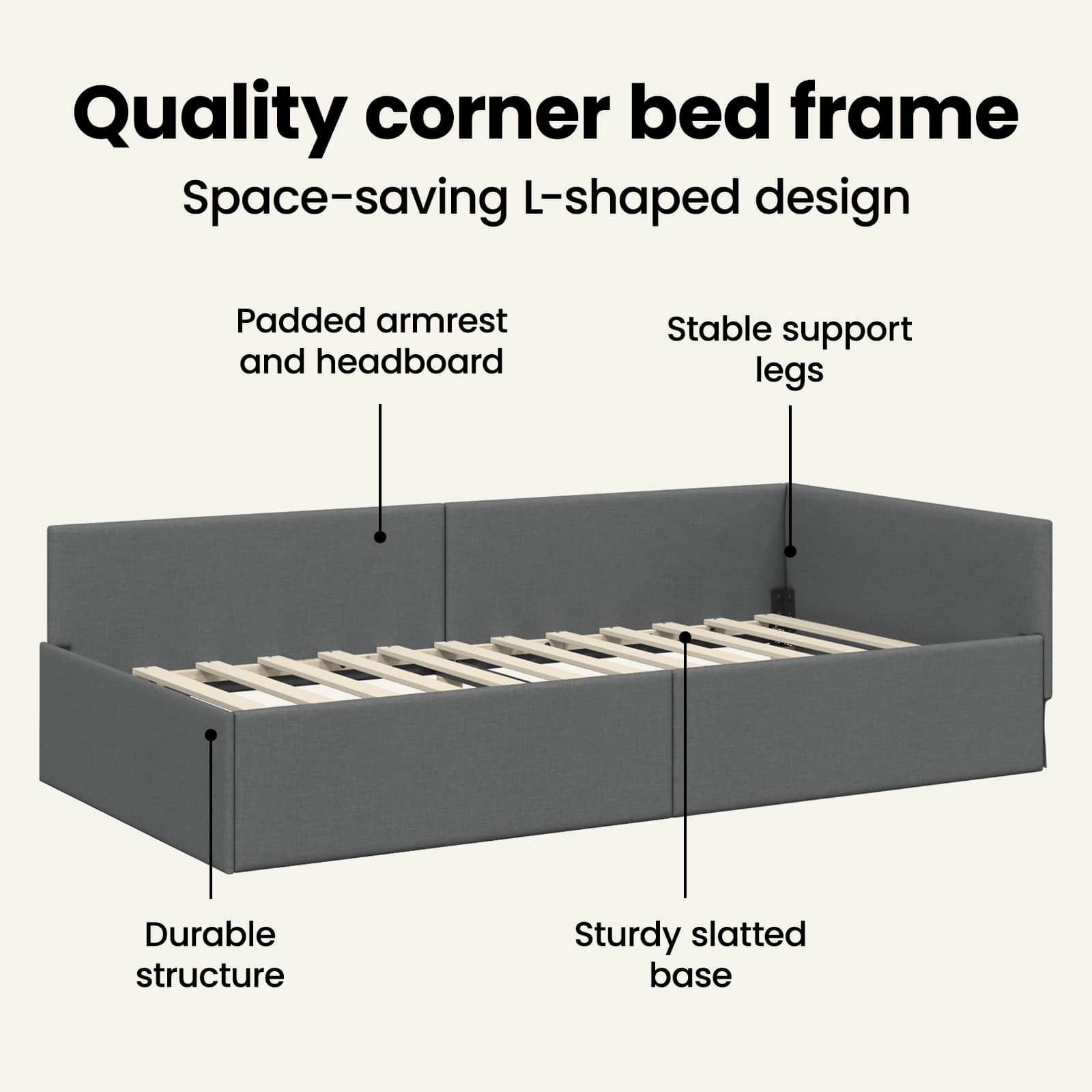 Corner Bed Frame with Headboard Dark Grey 90 cm x 190 cm Fabric