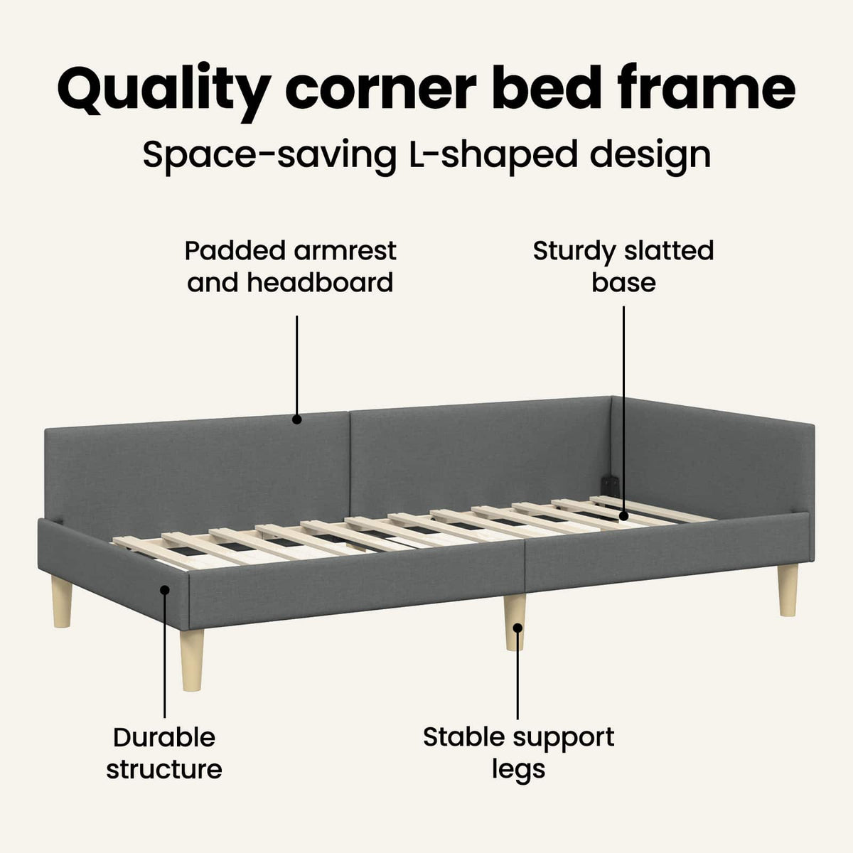 Corner Bed Frame Dark Grey 90 x 190 cm Fabric